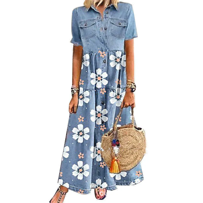 Verão Print Denim Dress Mulheres 2021 Botão Casual Up Bolso Blue Blue Manga Curta Maxi Vestidos Plus Size Longo Vestidos Vestidos 5XL Q0712