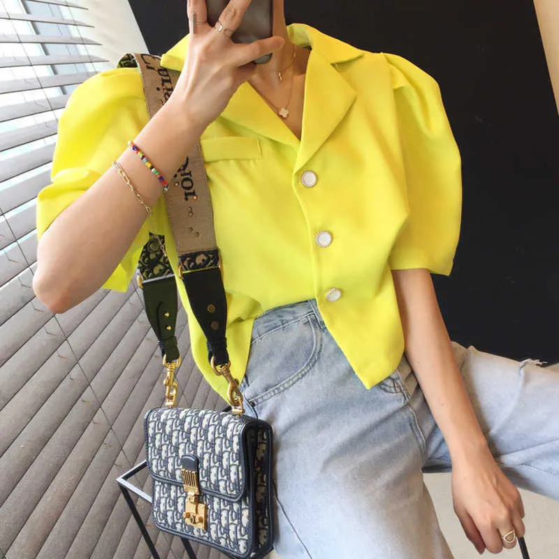 Korejpaa Women Shirt Summer Korean Chic Girls Sweet Retro Gentle Lapel Three Buttons Loose Short Puff Sleeves Blouses 210526