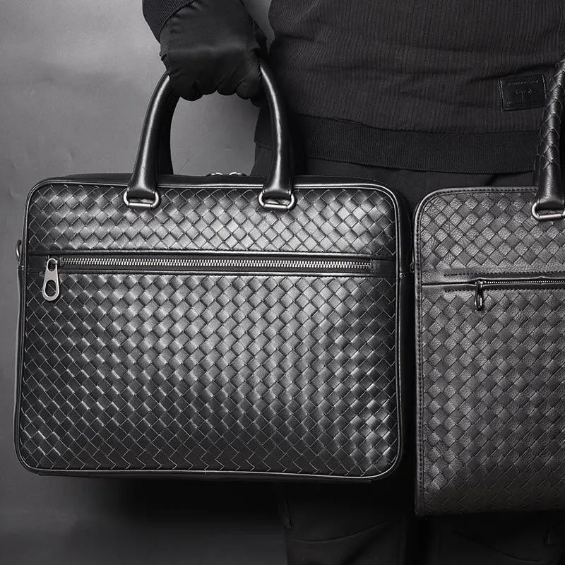 Men Bags Mini Briefcase Handbags Leather Laptop Bag Cowskin Genuine Leather Woven Commercial Business Men's Bags Small size239L