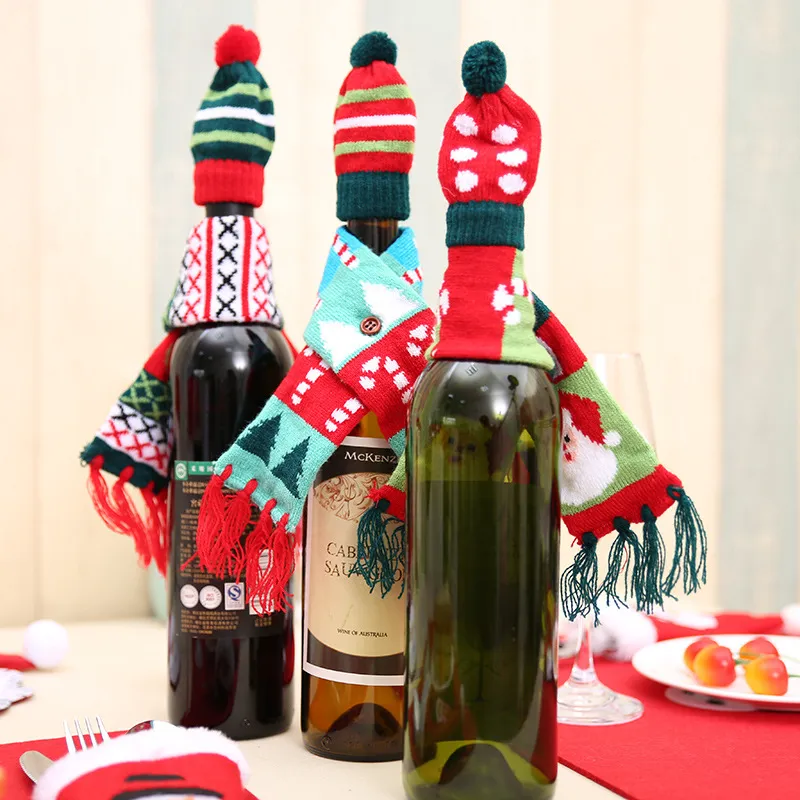 3 pezzi di bottiglia di vino rosso lavorato a maglia decorazione novità sciarpa orso nappa cappello di Babbo Natale decorazioni natalizie domestiche