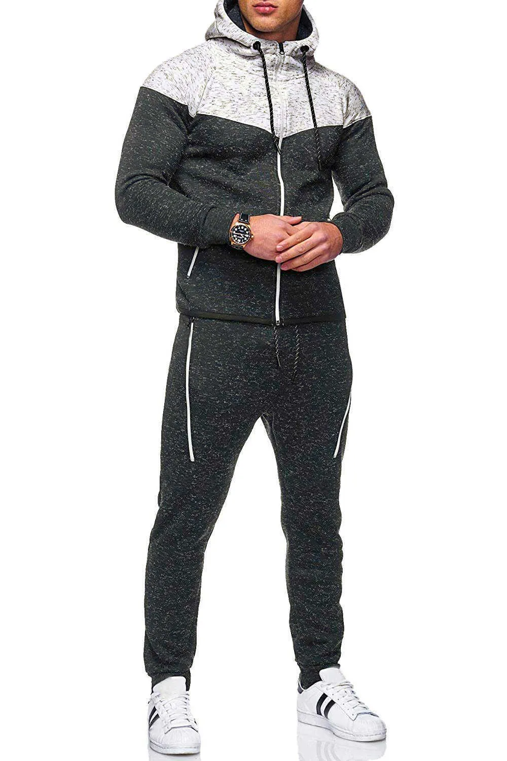 Tuta da uomo Set da due pezzi Patchwork Felpe con cappuccio e pantaloni Tute sportive casual Pantaloni da jogging Tute da jogging da uomo Tuta grigia 210603