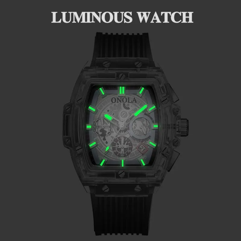 腕時計透明なケース大きな正方形のクォーツウォッチメンズスポーツウェアドミネーリング豪華な品質腕時計時計219l