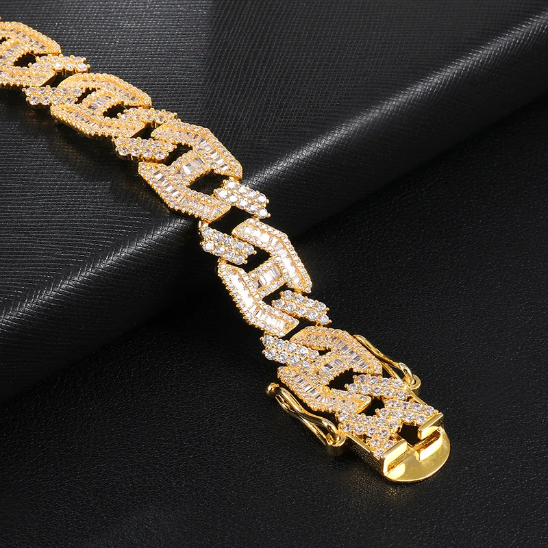 15mm Mannen Zirkoon Miami Baguette Link Armband Hip Hop Sieraden Goud Kleur Zware koperen materiaal