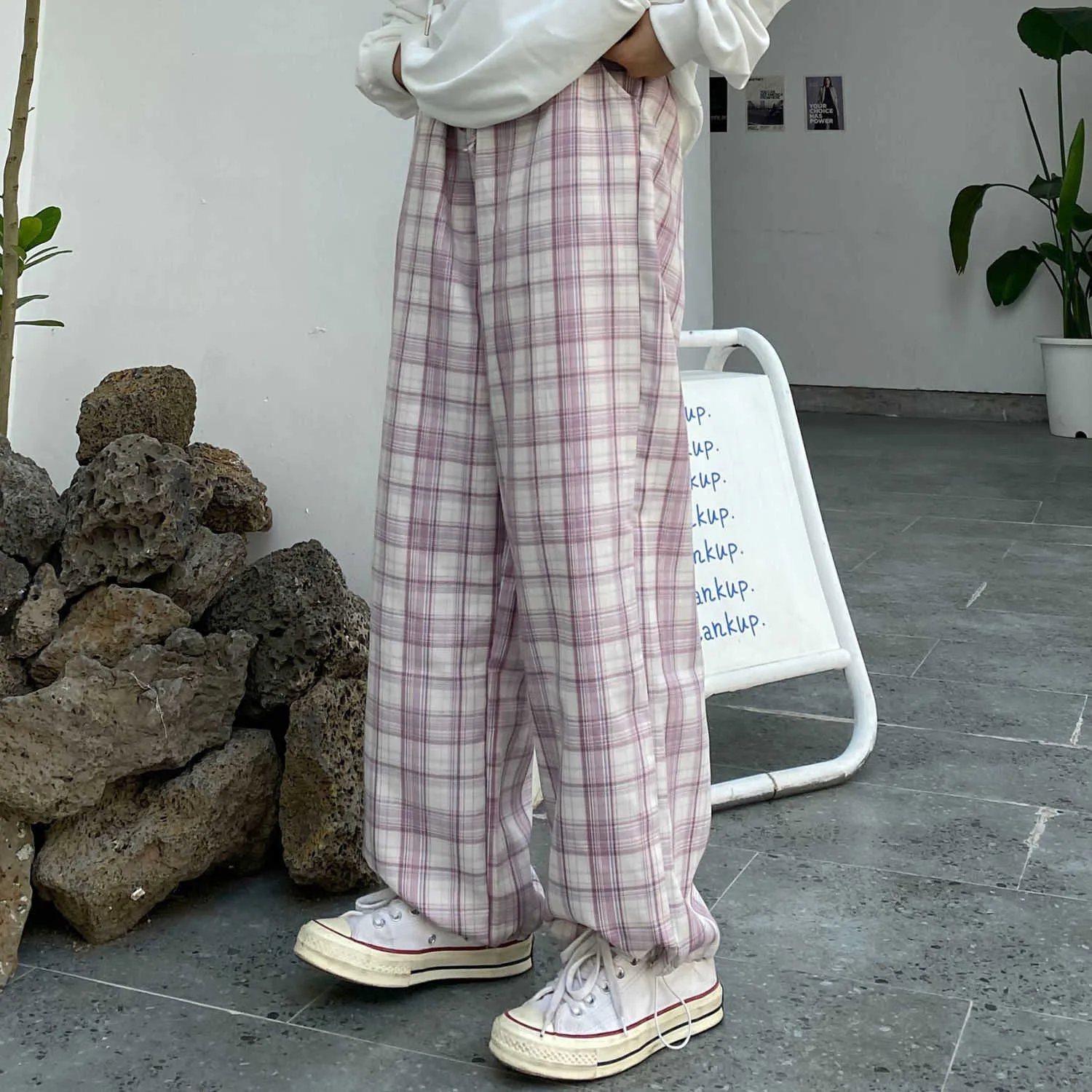 Japanische Harajuku Streetwear Plaid Gerade Hosen Frauen Vintage Weiche Mädchen Hip Hop Elastische Taille Jogger Koreanische Student Hose 210925