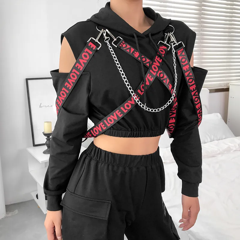 Rapwriter Casual Metal Chain Patchwork Letter Ribbon Long Sleeve Hoodies Women Fall Winter Black Harajuku Pullover Crop Top 201208
