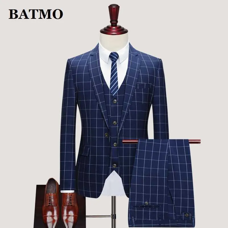 BATMO 2021 nuovo arrivo primavera plaid abiti casual da uomo, abito da sposa da uomo, giacche + pantaloni + gilet, SJT819 X0909