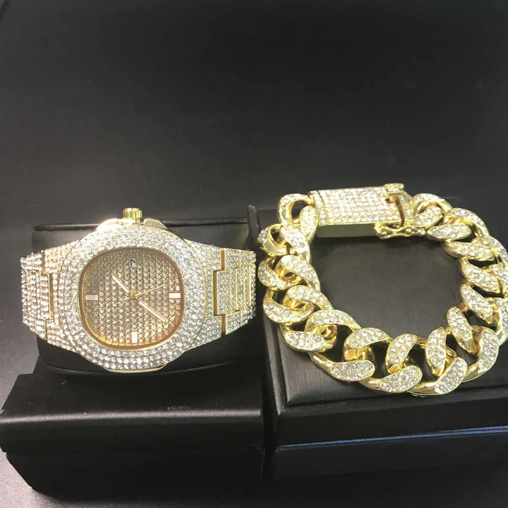 Luxury Men Gold Color Watch Bransoletka Combo Set Ice Out Cuban W Crystal Chain Top Brand Hip Hop Jewerly Ustaw Hip Hop dla mężczyzn H1022