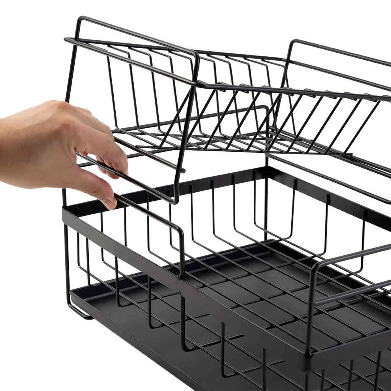 Dish Drying Rack with Drainboard Drainer Kitchen Light Duty Countertop Utensil Organizer Storage for Home Black White 2-Tier 211112