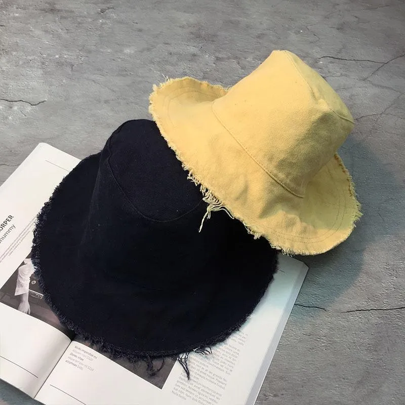 Wide Brim Hats Spring Autumn Raw Edge Simple Casual Old Fisherman Hat Woman Summer Denim Big Eaves Foldable Soft Top Frayed Sun Ca210z