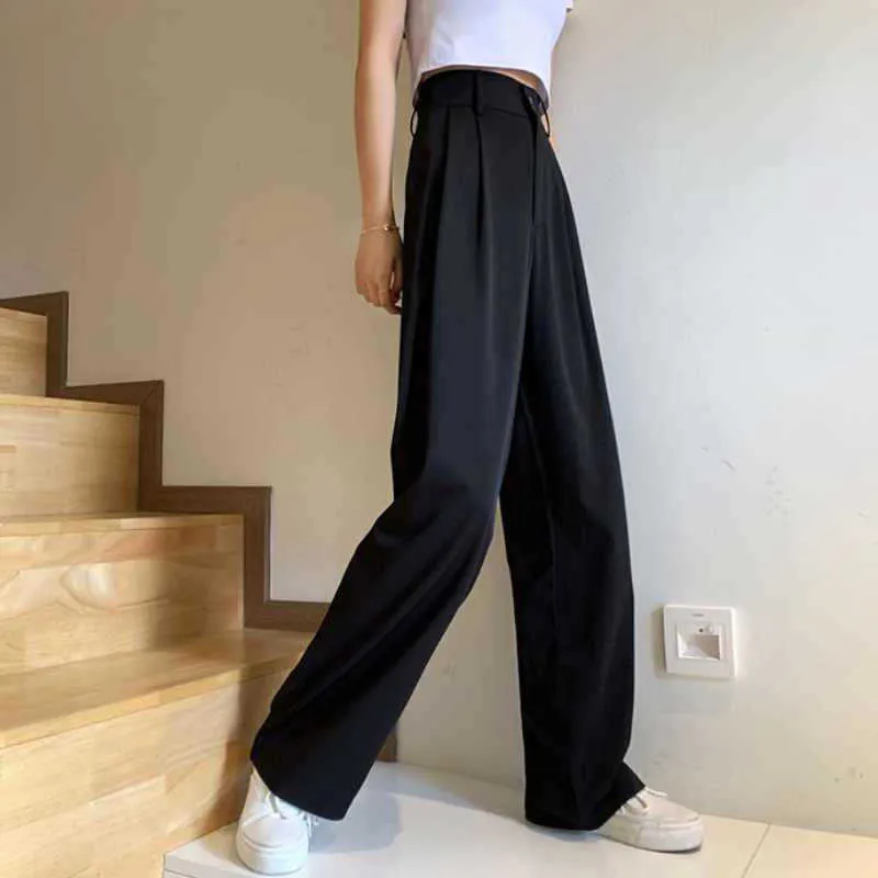 Streetwear Vintage Hohe Taille Anzug Hosen Weibliche Casual Gerade Breite Bein Hosen Frauen Kleidung Lose Grau Mom Hosen Hosen Q4573 Q0801