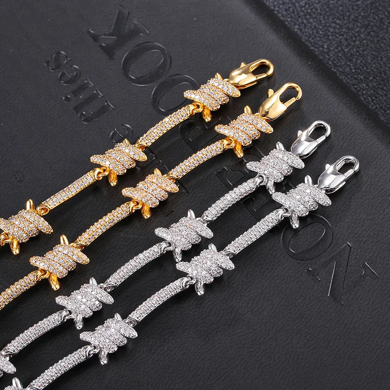 8mm Iced Barbed Wire Necklace in Gold White Color Bling Cubic Zircon For Women Men Hip Hop Jewelry