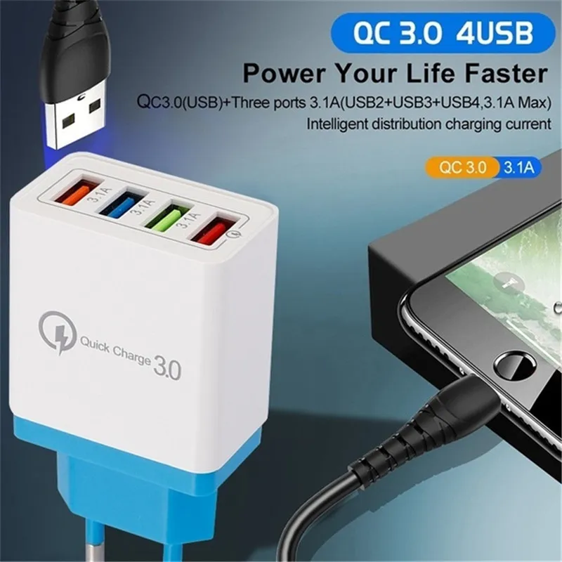 4 Port Quick Charge 30 Fast Mobile EU US Plug Wall USB Charger Adapter för smarta enheter 5 Färger9951385