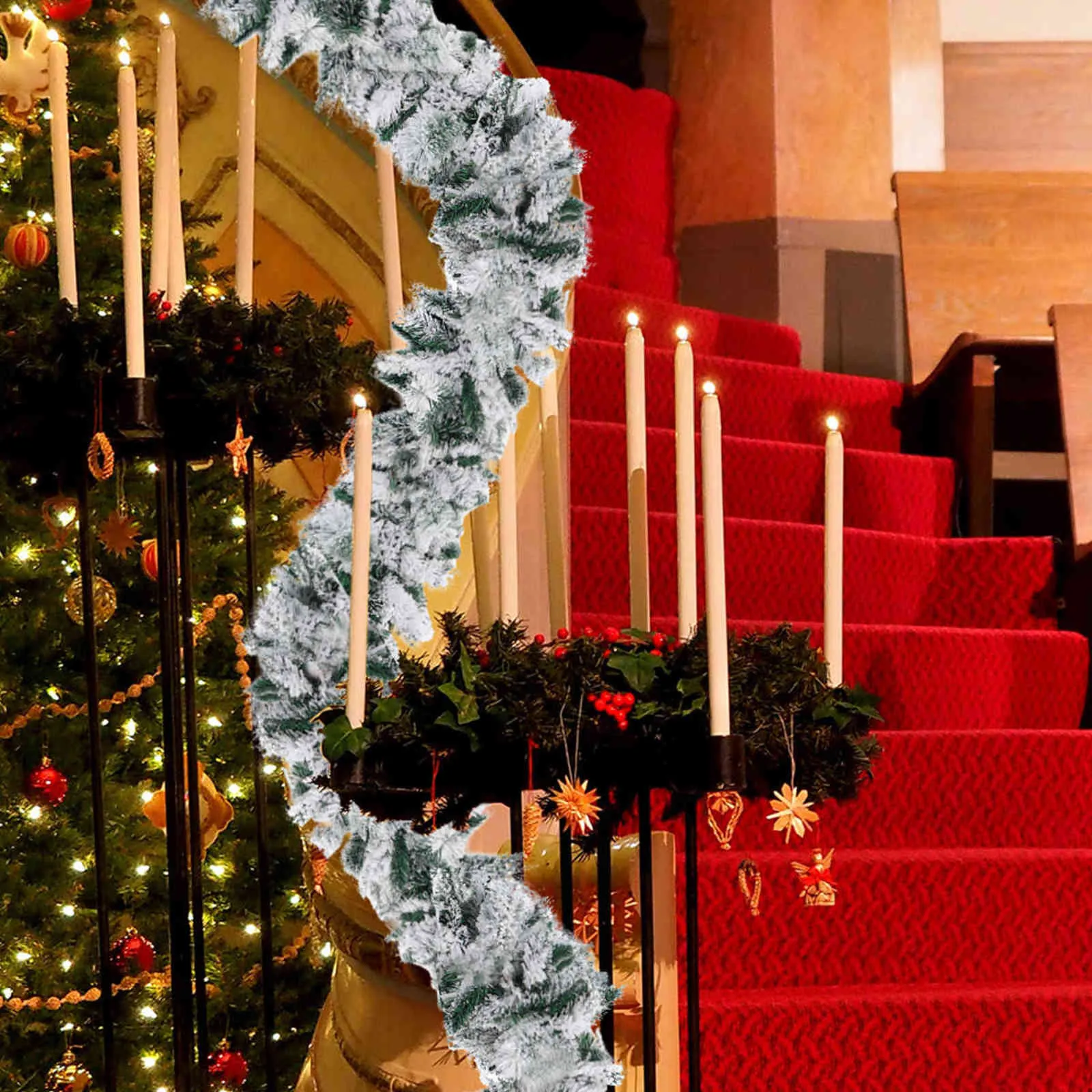 2.7mの松の針ガーランドクリスマスの装飾バートップのリボンガーランド雪の雪のひき付き緑のクリスマスツリーの装飾品クリスマスパーティー用品211104