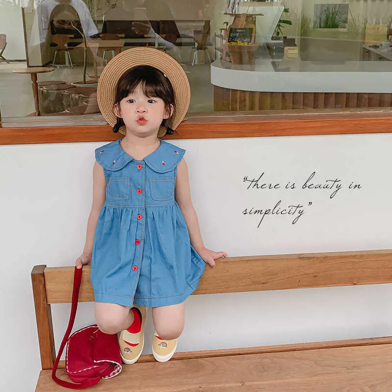 Bear Leader Girls Denim Summer Dresses Korean Fashion Kid Solid Color Princess Vestidos Children Sleeveless Preppy Cute Clothing 210708