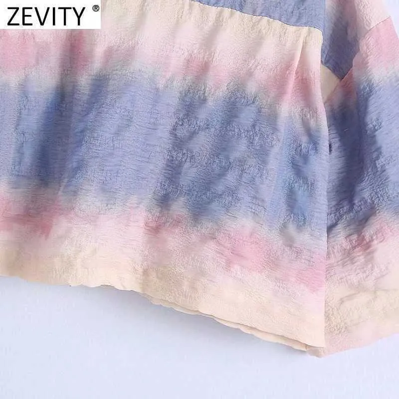 Zevity Femmes Vintage Couleur Match Tie Dyed Impression Chemisier Court Femme Poche Patch Kimono Chemise Roupas Chic Chemise Tops LS9141 210603