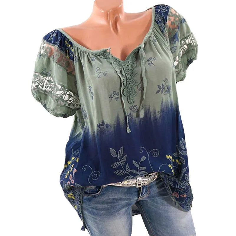 Tee Gömlek Kadın Yaz Degrade Baskı T-Shirt V Yaka Kısa Kollu Artı Boyutu Modası Bayanlar Boy T Gömlek Tops 210608