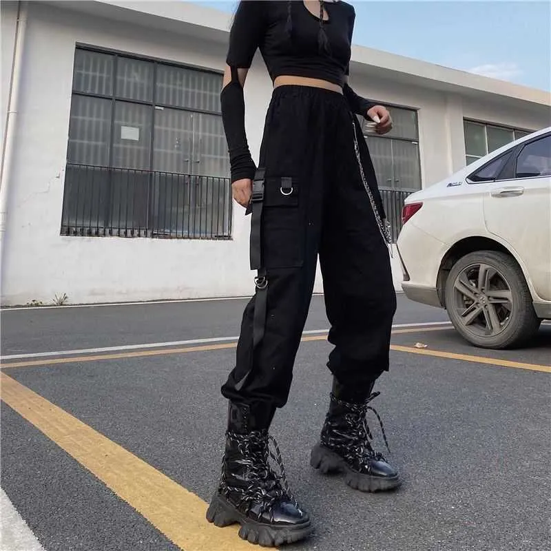 Houzhou Gothic Harajuku Zwarte Ketting Cargo Broek Dames Streetwear Koreaanse stijl Oversize Harembroek Goth Punk Plus Size Broeken Q0801