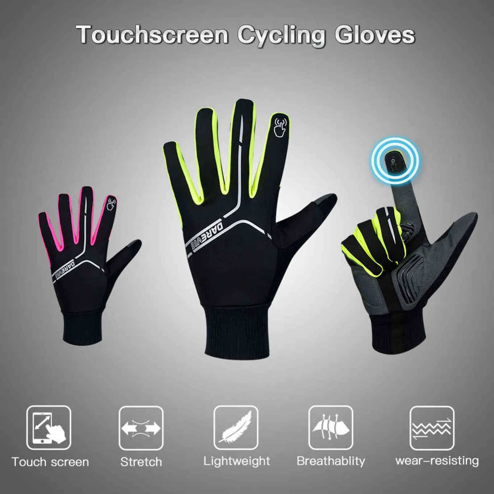 Darevie Cycling Перчатки Full Finger Сенсорный экран Ветрозащитный Зимний Теплый Перчатка Тепловой Флис MTB Велосипедная Перчатка 2111124