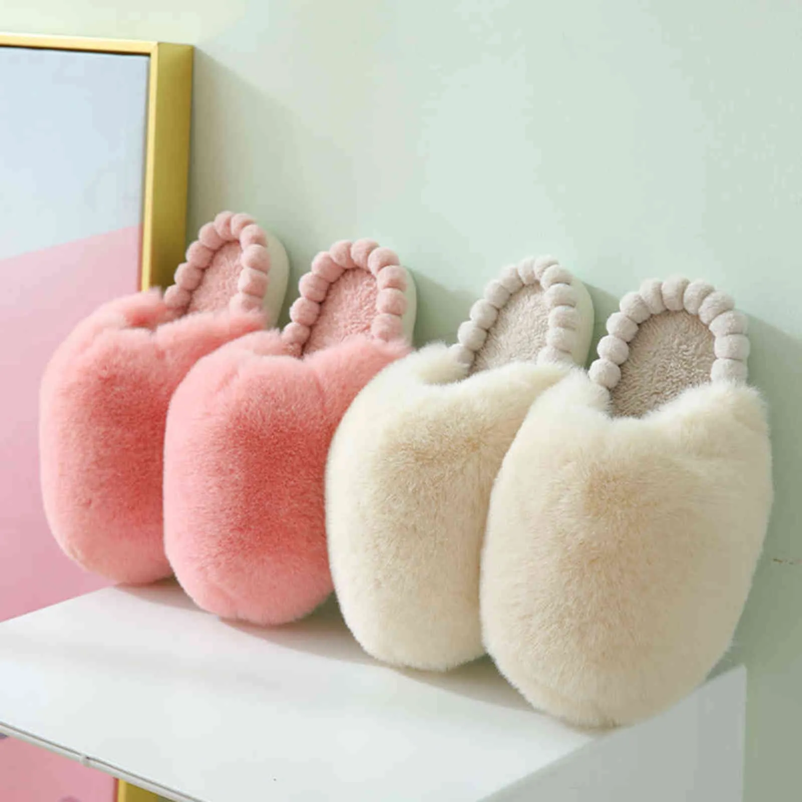 Winter Home Women Slippers Furry Shoes Thick Warm Fur Slides Girl Cute Clouds Solid Color Flip Flops Flat Non-Slip Plush Slipper H1122