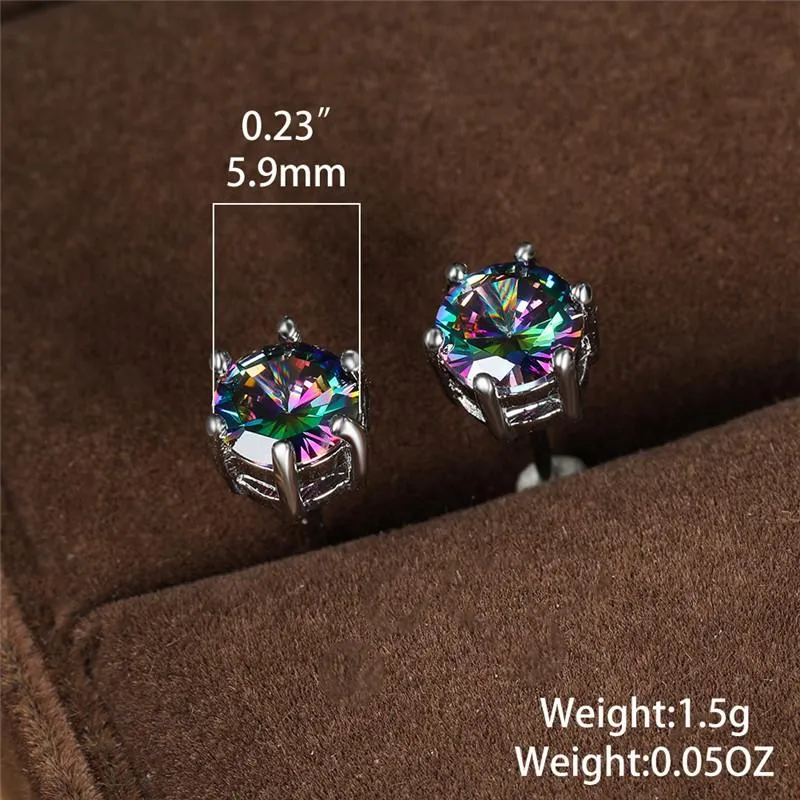 6MM Round Small Stone Rainbow Zircon Stud Earrings For Women Vintage Fashion Crystal Rose Gold Black Gold Silver Color Earrings266P