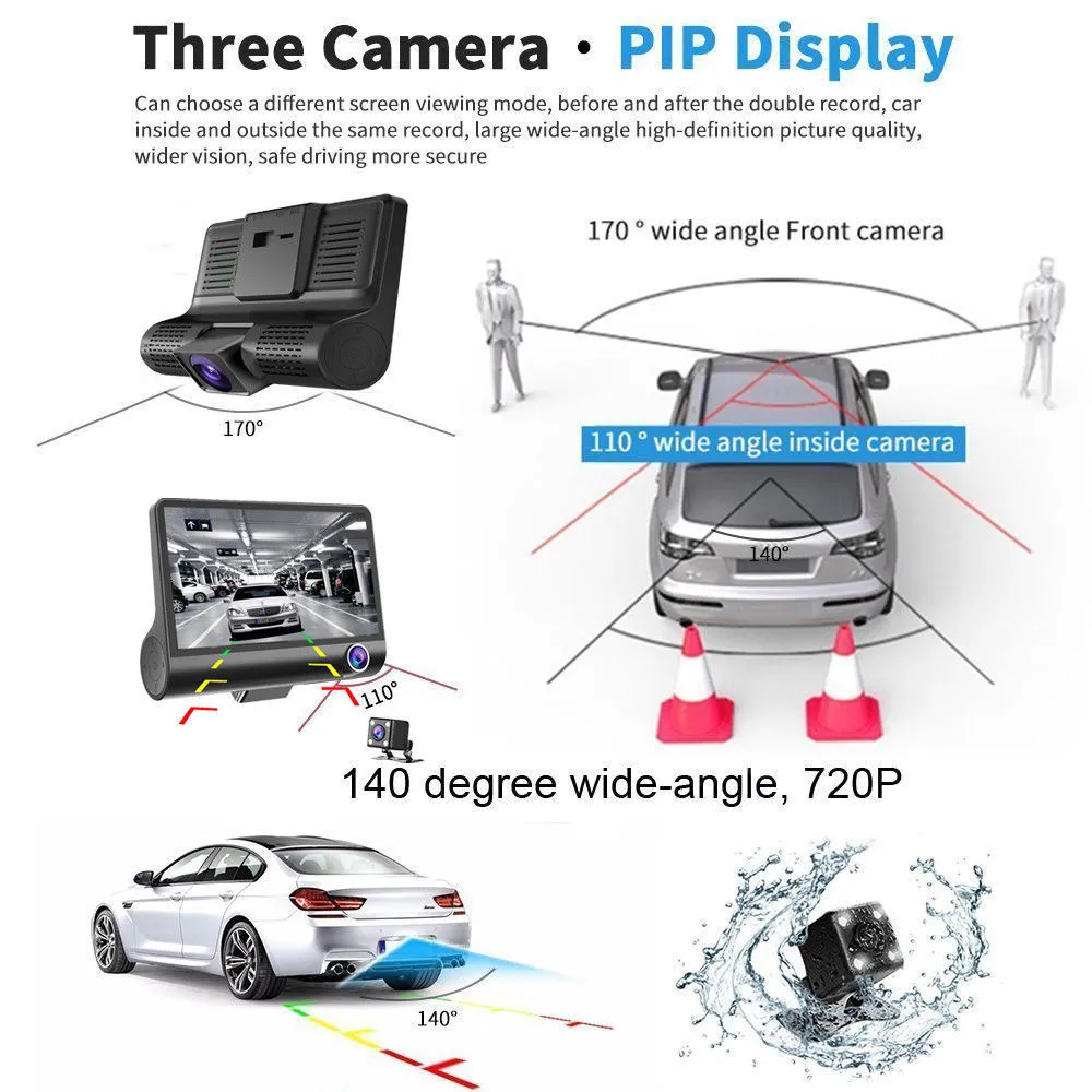 HD Car DVR 3 kamery obiektyw 4,0 calowy samochód kamery wewnątrz i na zewnątrz Podwójne nagrywanie rejestrator zintegrowane DVRS Dash Cam
