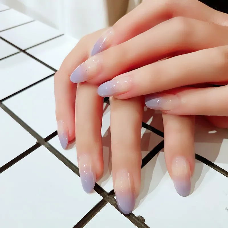 Glänzende lila Ombre-Kunstnägel, lange Spitze zum Aufdrücken, 24 Stück, ovale Fingernägel mit vollständiger Abdeckung, Acryl-Kunstnägel für Frauen und Mädchen