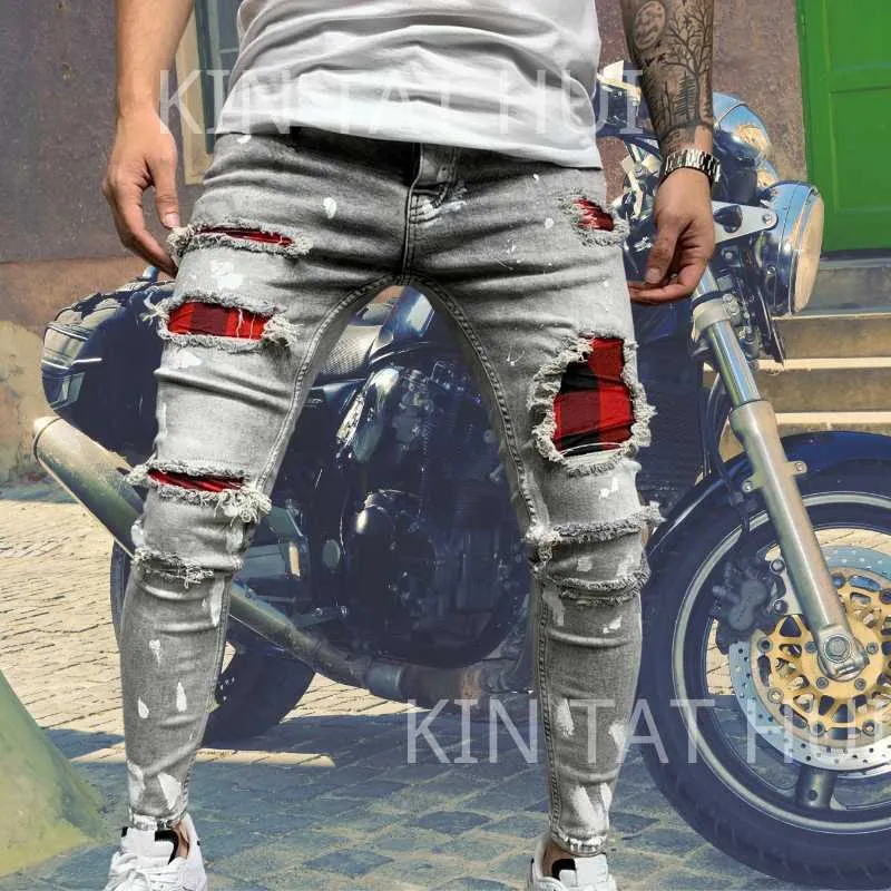 Hot Ripped Skinny Jeans Männer Grid Hip-Hop Casual Männer Jeans Hosen Stretch Elastische Denim Hosen Bleistift Hosen Für Motorrad party X0621