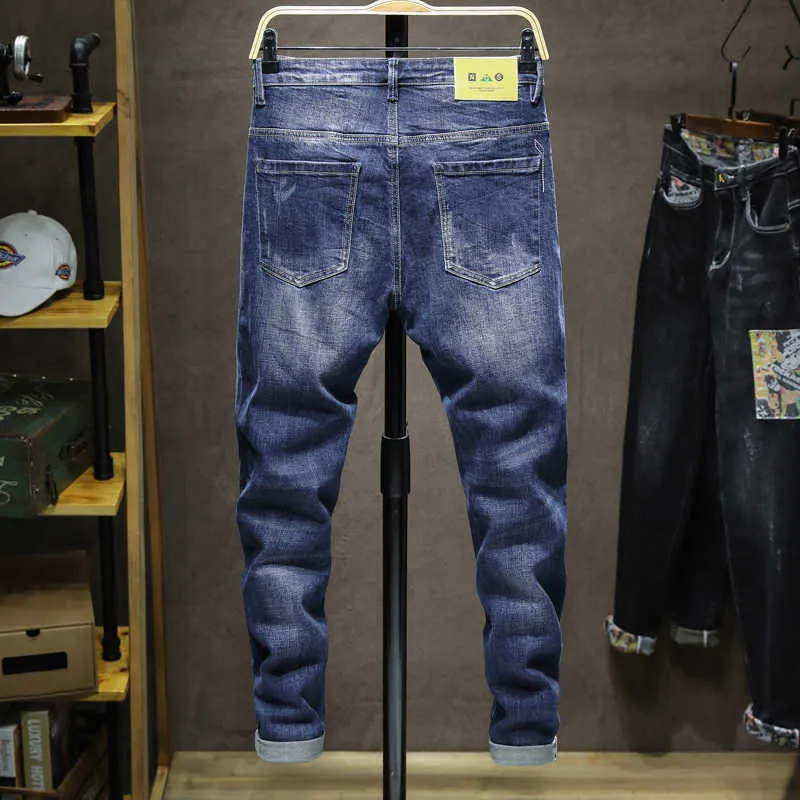 Mężczyźni Slim Dżinsy Niebieski Stretch Wiosna Jesień Mody Spodnie Haftowane Wzór Dżinsowy Spodnie Wypoczynek Wysokiej Jakości Dżinsy Marka Mężczyźni, 932 x0621
