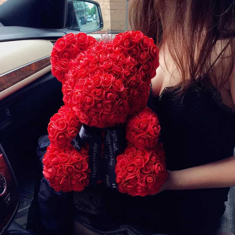 Drop 40cm Red Teddy Bear of Rose Flower Artificial Christmas Gift Box for Women Valentine's Day Gift Plush 210624