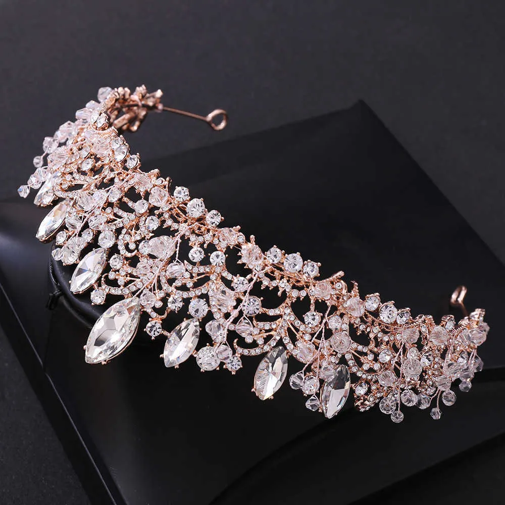 Barroco de lujo de oro rosa cuentas de cristal corazón tiaras nupciales corona gran desfile diadema accesorios para el cabello de boda 210701305o