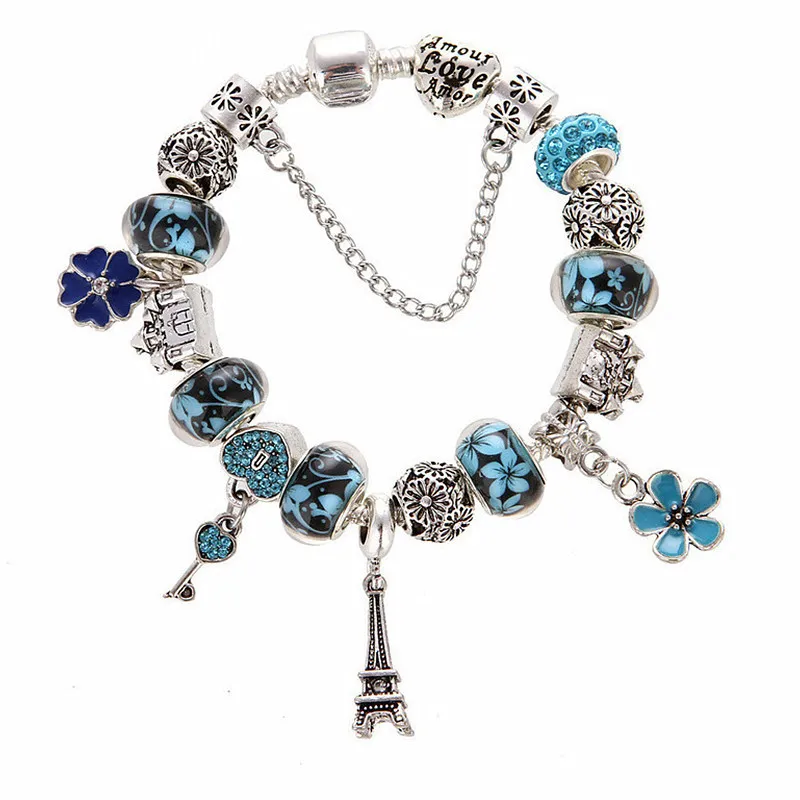 2021 Impressão Crystal Beads Pulseira Pingente de Flor Pandora Original DIY Inlay Braceletes Moda Jóias Para As Mulheres Presentes De Partido