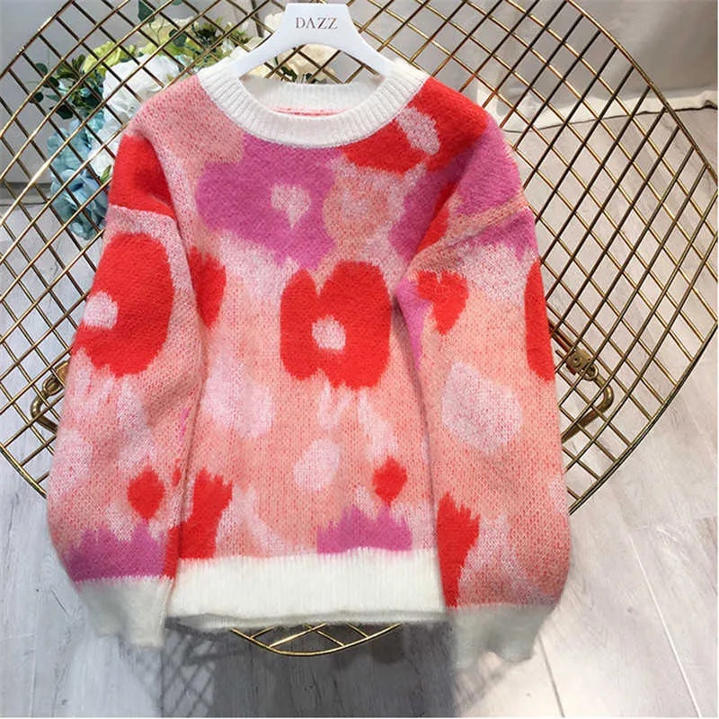 Autumn Winter Mohair Sweater Women's Pullover O-neck Long Sleeve Flower Pattern Sweet Knitting Jumper Top pull femme C-074 210914