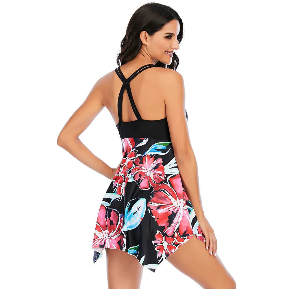 Zafuaz Swimwear Kobiety Tankini Sukienka Plus Size Swimsuit Spódnica Vintage Kwiatowy Kostium Kąpielowy Plażowy Kostium Kostium Spodenki 210604
