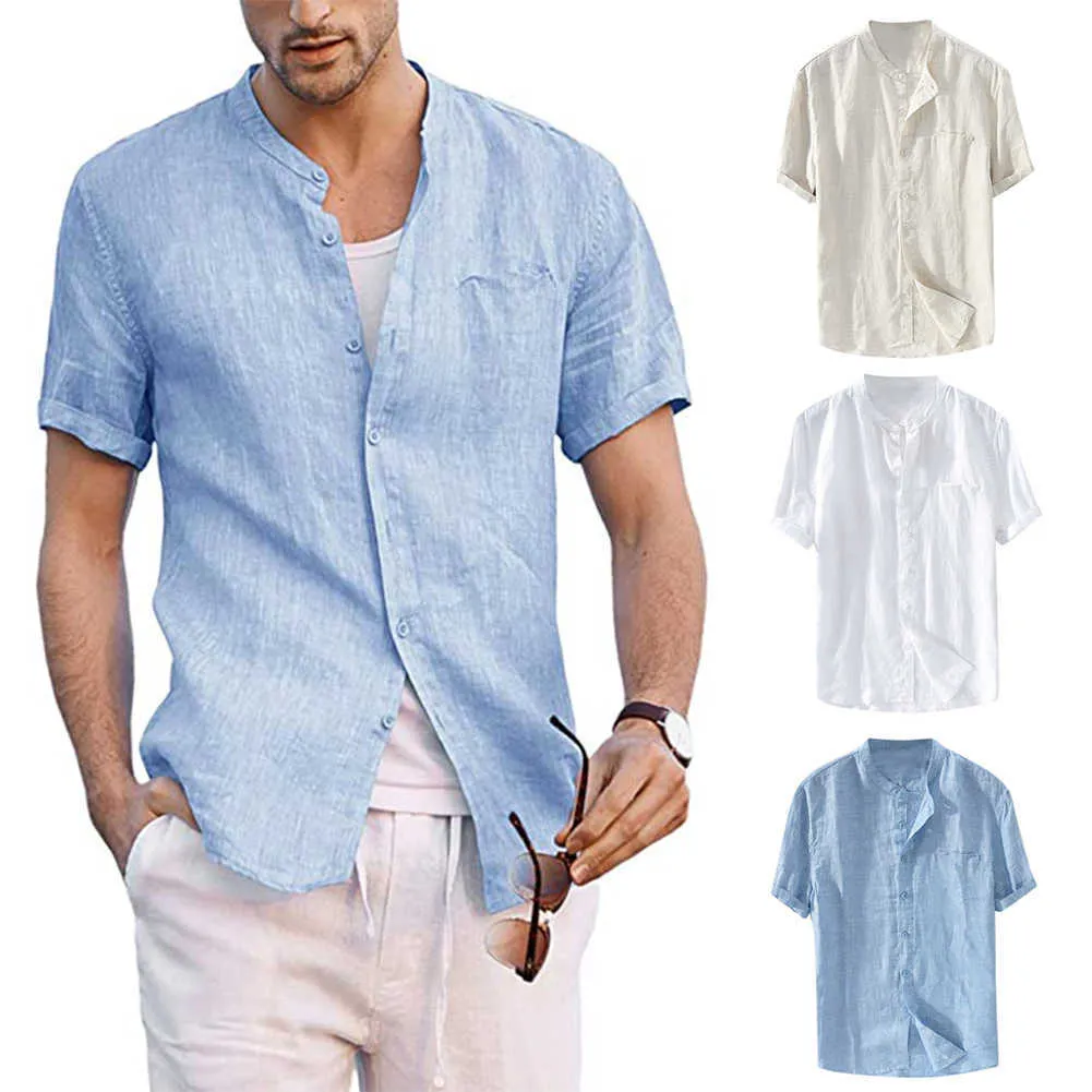 Men Shirts Cotton Linen Button Down Stand-Up Collar Summer Short Sleeve Loose Blouse Plain Over sized Shirt with Pocket 5XL 210721