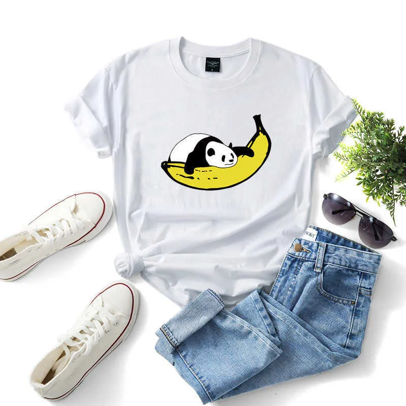 Cotton Summer Women T Shirt Loose Casual Cute Lazy Panda Banana Printed Ladies Top Tees W682 210526