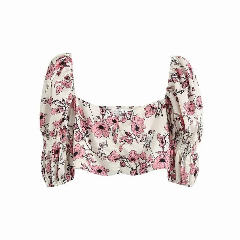 Frauen Sommer Top Floral Bluse Mode Kurze Puff Sleeve Square Neck Moderne Dame Crop Top 210602
