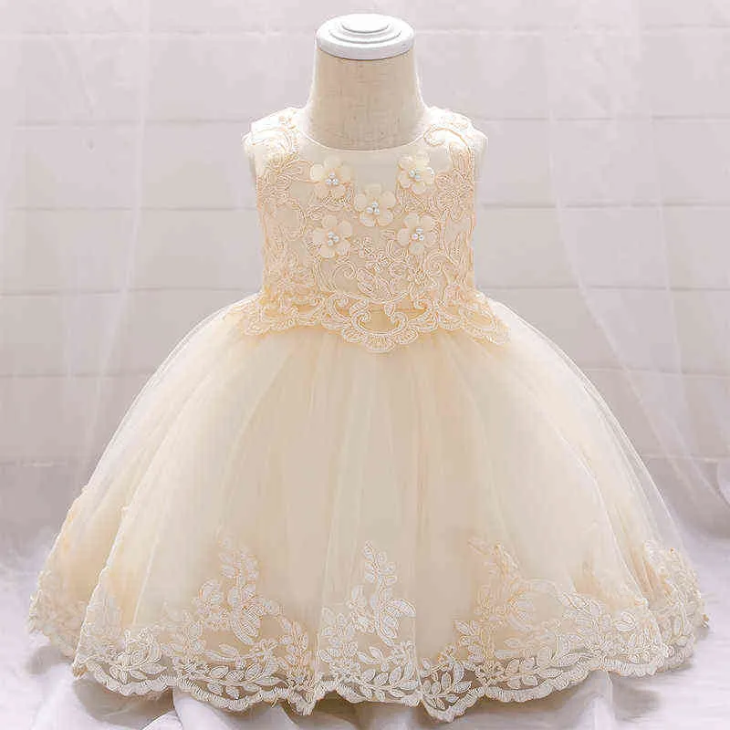 2021 Summer Beading First Birthday Dress For Baby Girl Clothes Child Infant Dress White Princess Dresses Flower Party Gown G1129