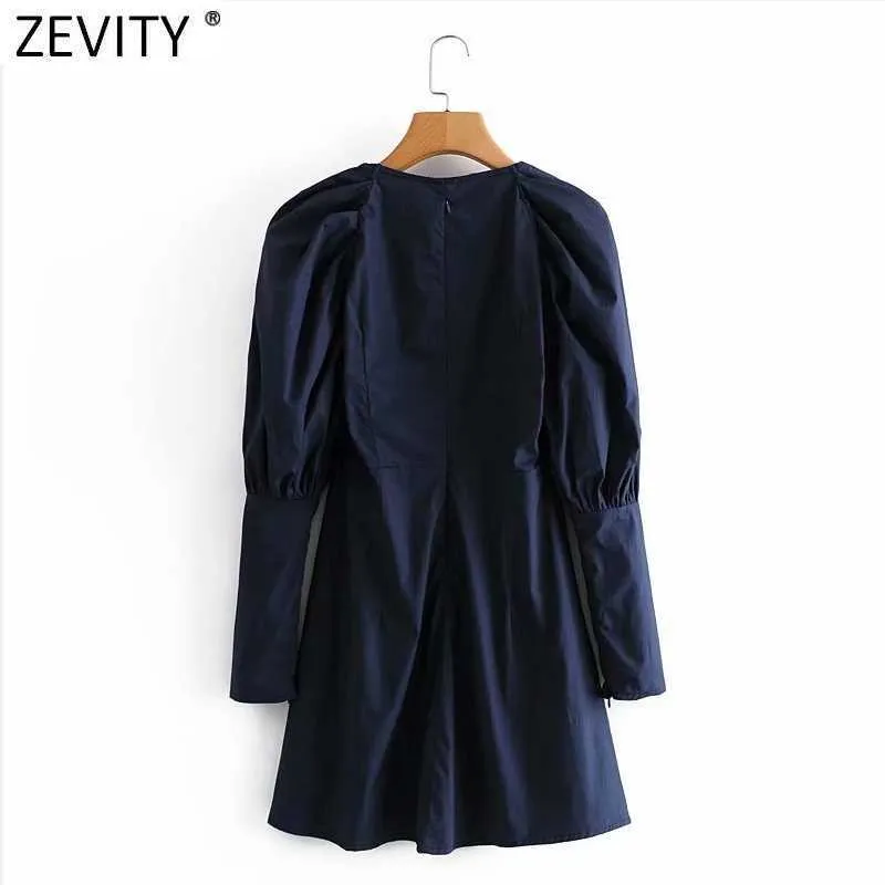 Zevity Women Vintage Kwadratowy Kołnierz Pleat Latarnia Rękaw Dorywczo Mini Dress Lady Chic Court Styl Zipper Design Vestido DS4775 210603