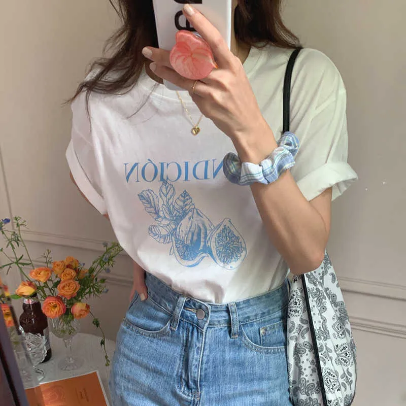 Korejpaaの女性Tシャツ夏の女の子韓国のシンプルなカジュアルラウンドネック文字プリントルーズオールマッチ半袖プルオーバー210526