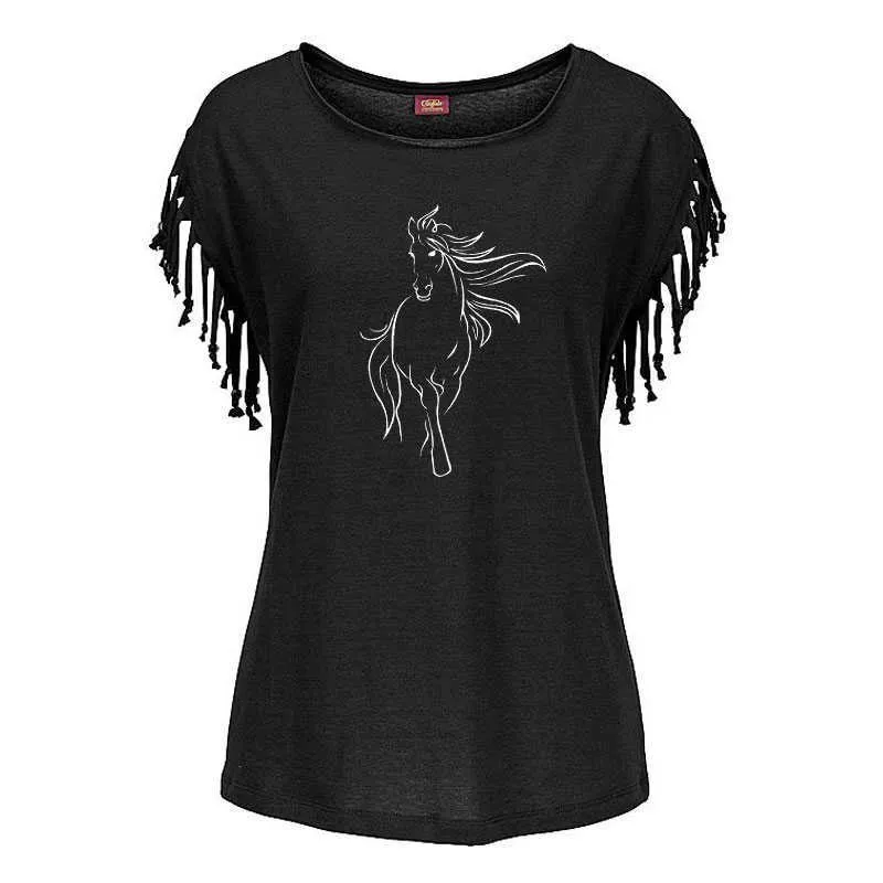 Creative Horse Femmes Coton Tassel Casual T-shirt Vêtements Animaux Tees À Manches Courtes O-Cou T-shirt Femme 210623