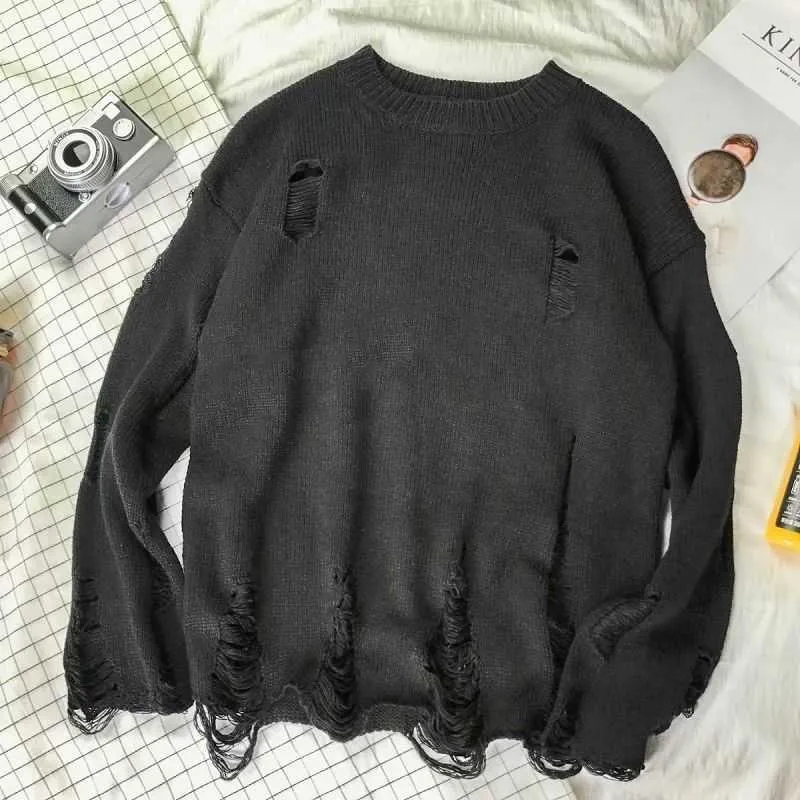 Wash Hole Ripped Knit Sweaters Men Women Streetwear Hip Hop Pullovers Jumper Fashion Oversized All-match Winter Clothes 211011