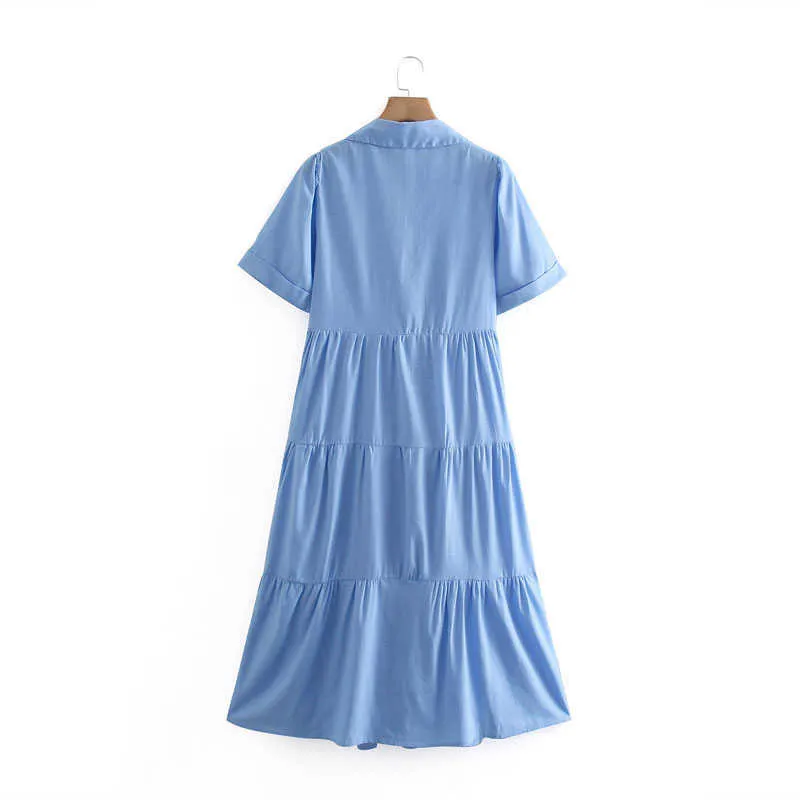 Dames Blue Tiered Geplooid Shirt Jurken ZA Vintage Korte Mouw Losse Zomer Jurk Vrouw Chic Front Button Midi Dress 210602