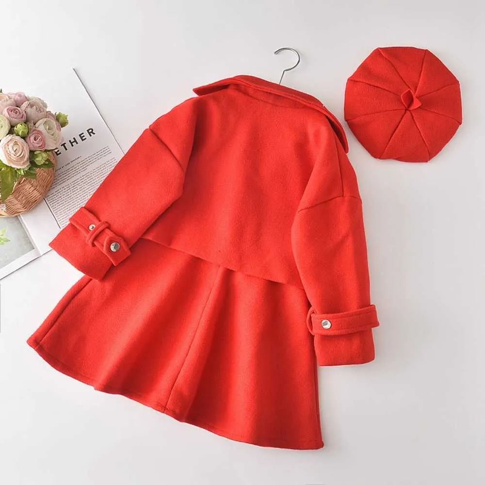 Abiti di moda Ragazze Abiti da principessa di lana Set Cappotto a maniche lunghe Capispalla + Abito da carro armato Bambini Abito da autunno bambini + Cappello S11544 211025