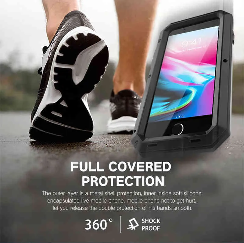 Heavy Duty Protection Armor Metal Aluminium telefonfodral för iPhone 13 11 12 mini Pro XS MAX SE XR X 6 6S 7 8 Plus Stötsäkert skal W220226