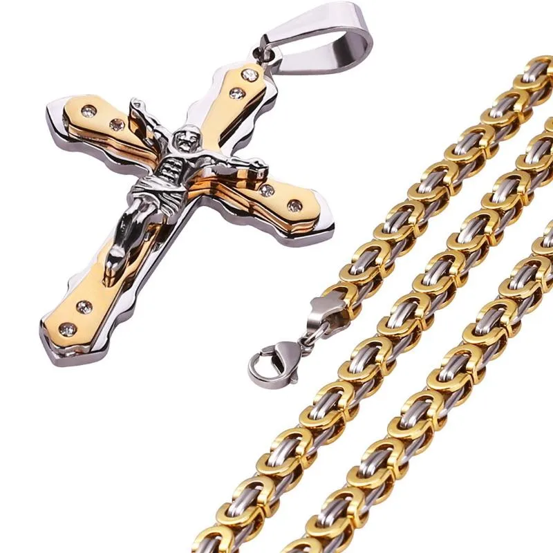 Cadenas Joyería Bizantina Oro y Plata Acero Inoxidable Cristo Jesús Cruz Colgante Collar Cadena Moda Cool298L