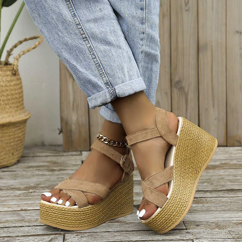 2021 Kvinnor Rom Sandaler Flock Buckle Hemp Sandaler Sommarplattform Sandal Öppna Toe Fisk Mouth Skor Ladies Wedges Casual Footwear Y0721