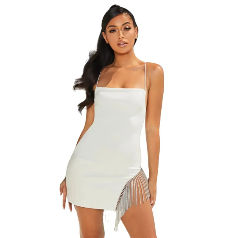 Kadınlar Seksi Rhinestone Spagetti Kayışı Püskül Elbise Kolsuz Kare Yaka Katı Zarif Rahat Mimi Elbise 2021 Bahar Elbise Y0118