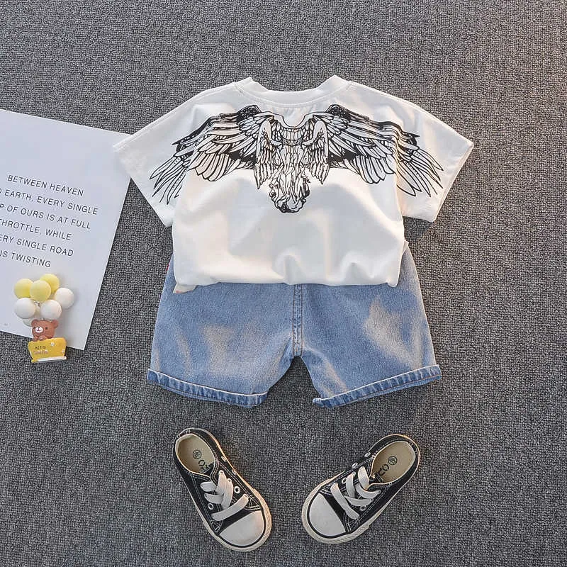 Cool Kid Jungen Neue Sommer Kleidung Outfit Kleinkind Mädchen Mode Flügel Druck T-shirt + Denim Shorts Set Kinder Casual Kleidung g1023