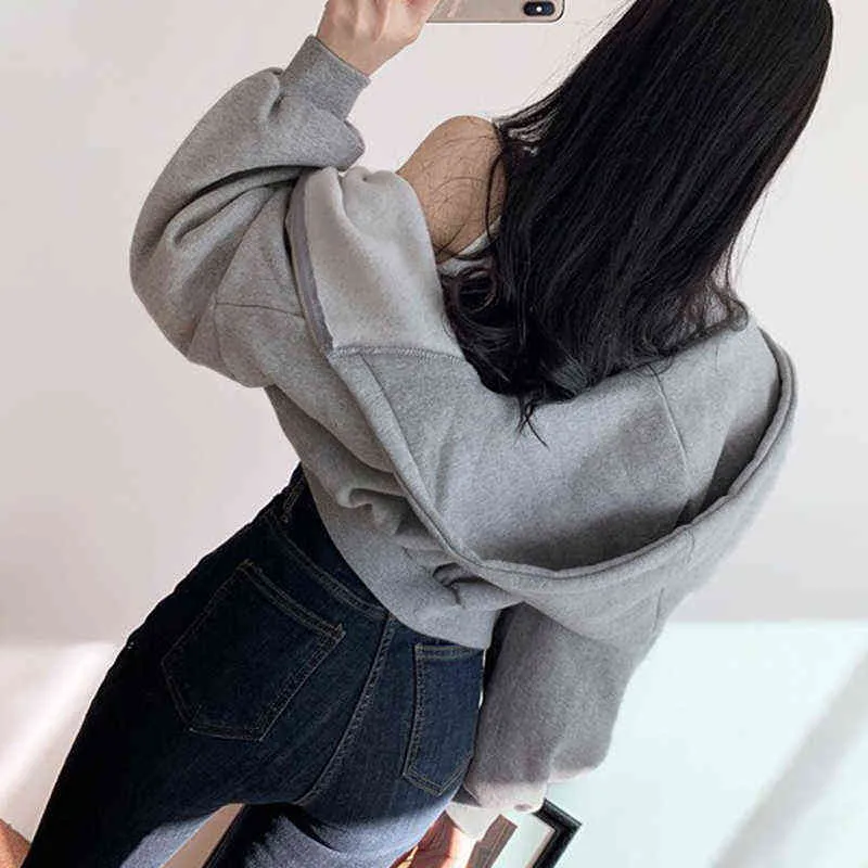 IMSSURE Krótkie bluzy Kobiety Solidna bluza Dres Długim Rękawem Kobiet Crop Top 2020 Moda Koreański Odzież Harajuku Y1118
