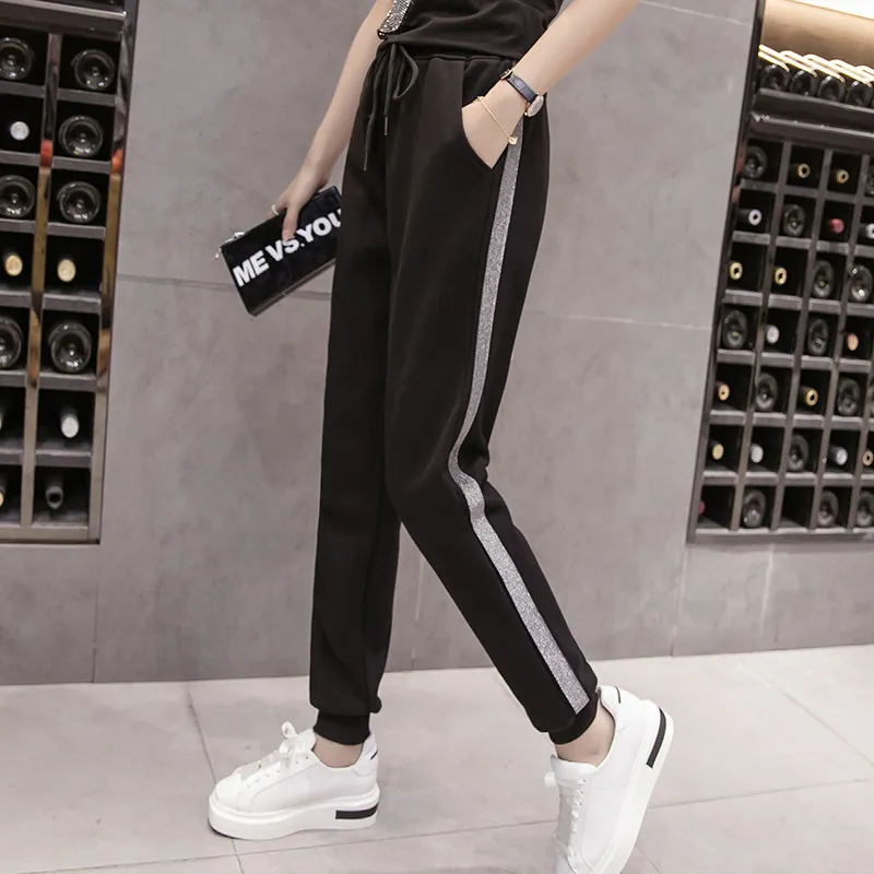 Motion Pant Spring Autumn Korean Splicing Loose Harem Drawstring Elastic Midje Casual Ladies 'Byxor 220214